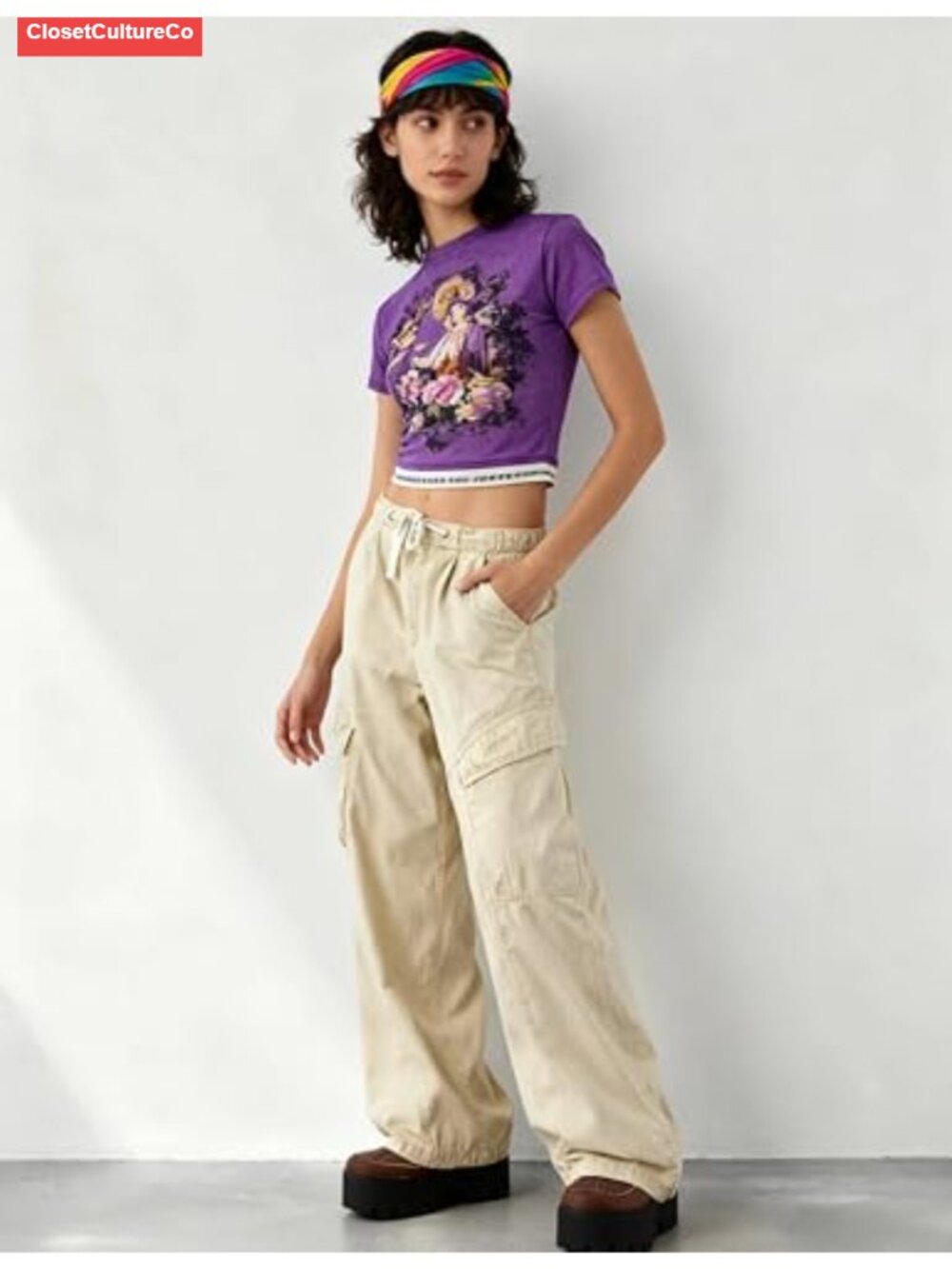 Women's Cotton Barrel Leg Cargo Pants Elastic Waist Wide Leg Lounge Trousers - Picture 2 of 6
